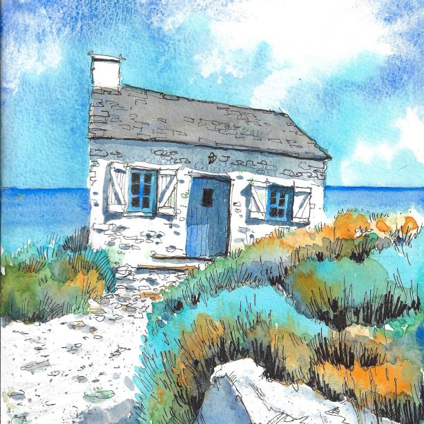 Sat 12th Sept - Seaside Cottage in watercolour & ink
